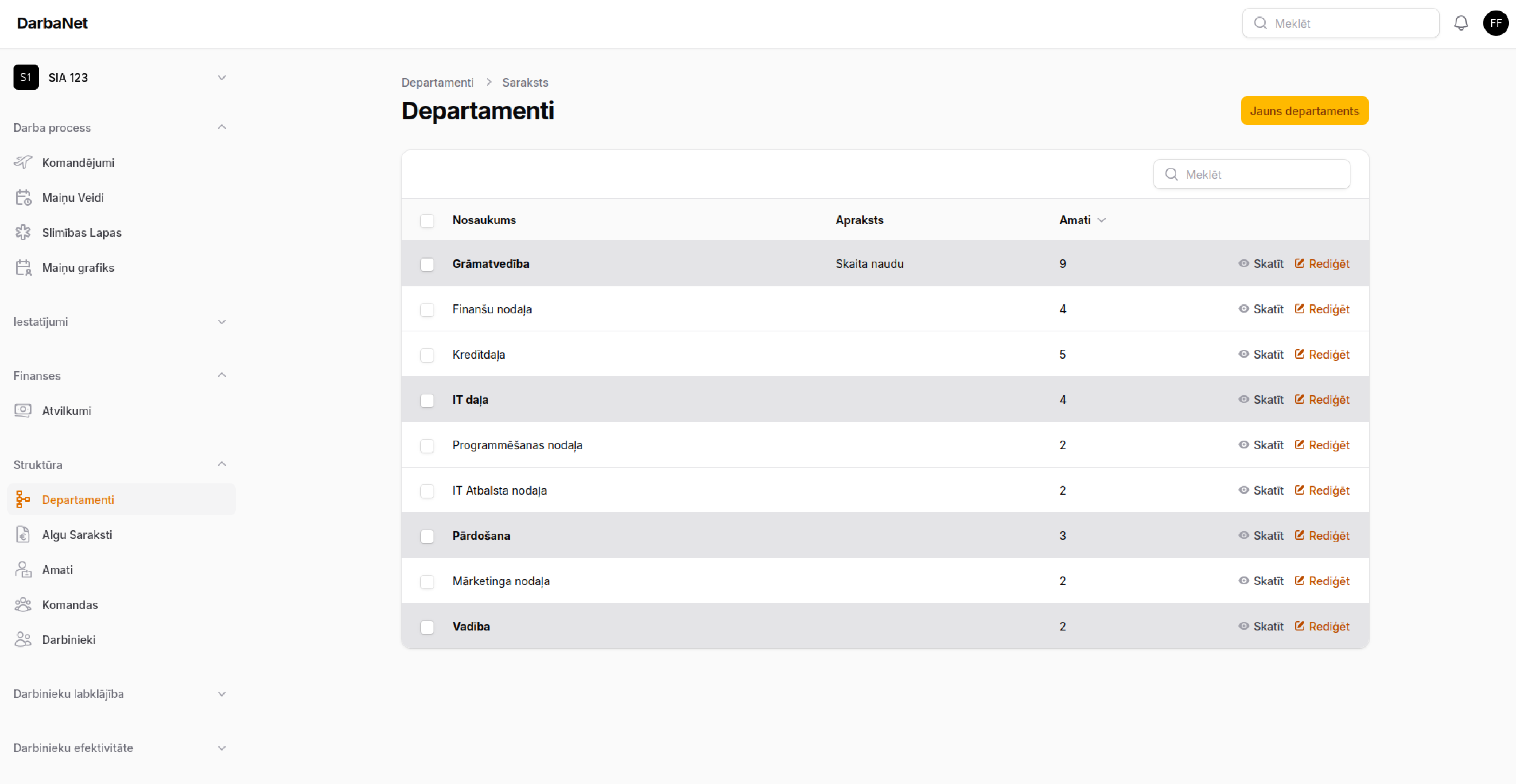 DarbaNet: organizatoriskā struktūra ar departamentiem un struktūrvienībām